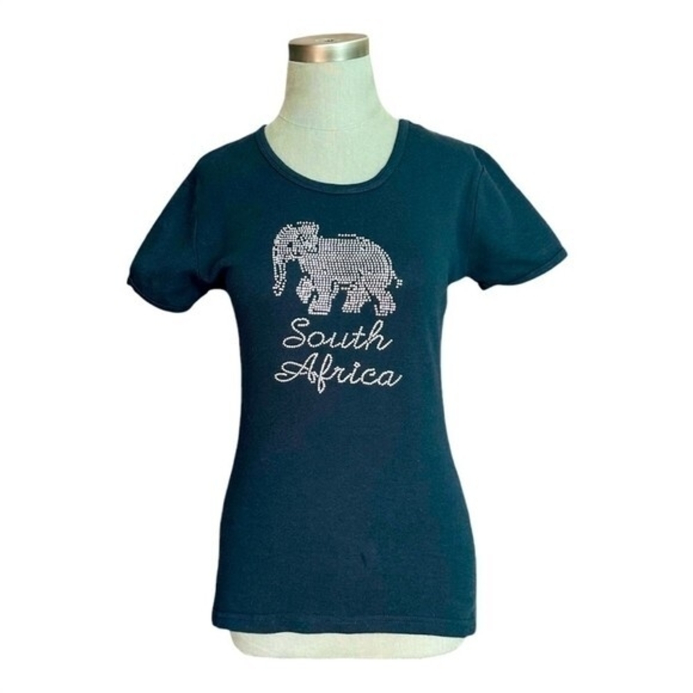 South Africa Women's Black Silver Elephant Rhinestone T-Shirt XL Embellished EXC